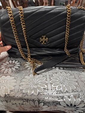 Tory Burch Quilted Black Leather Shoulder Bag with Gold Chain
